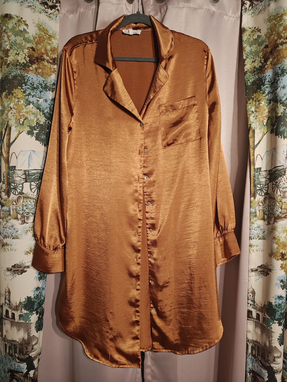 Satin Button-Up Long Shirt Dress in Copper